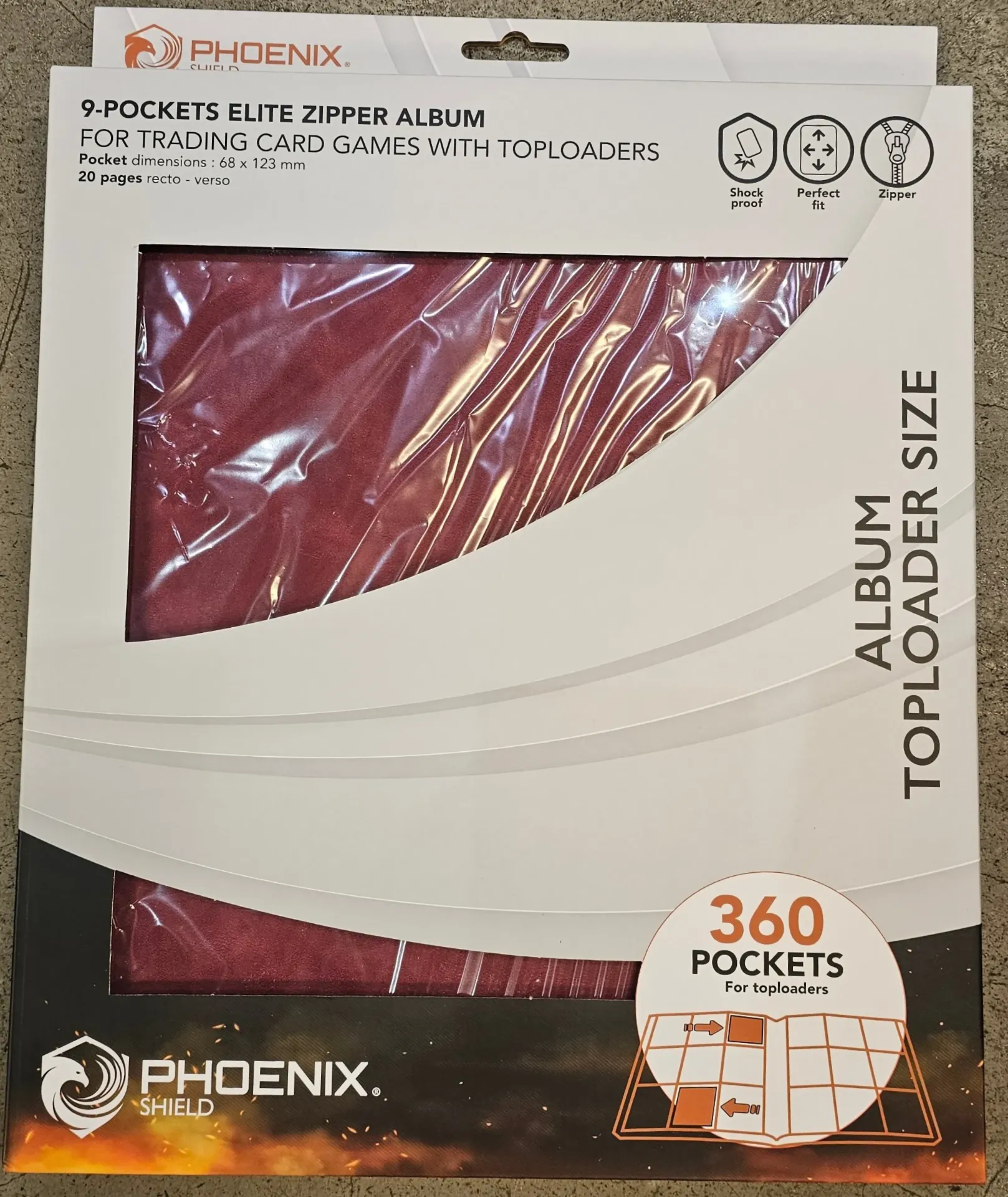 Phoenix Shield -9 Pockets Elite Zipper Album - 360 pockets for toploaders - Red