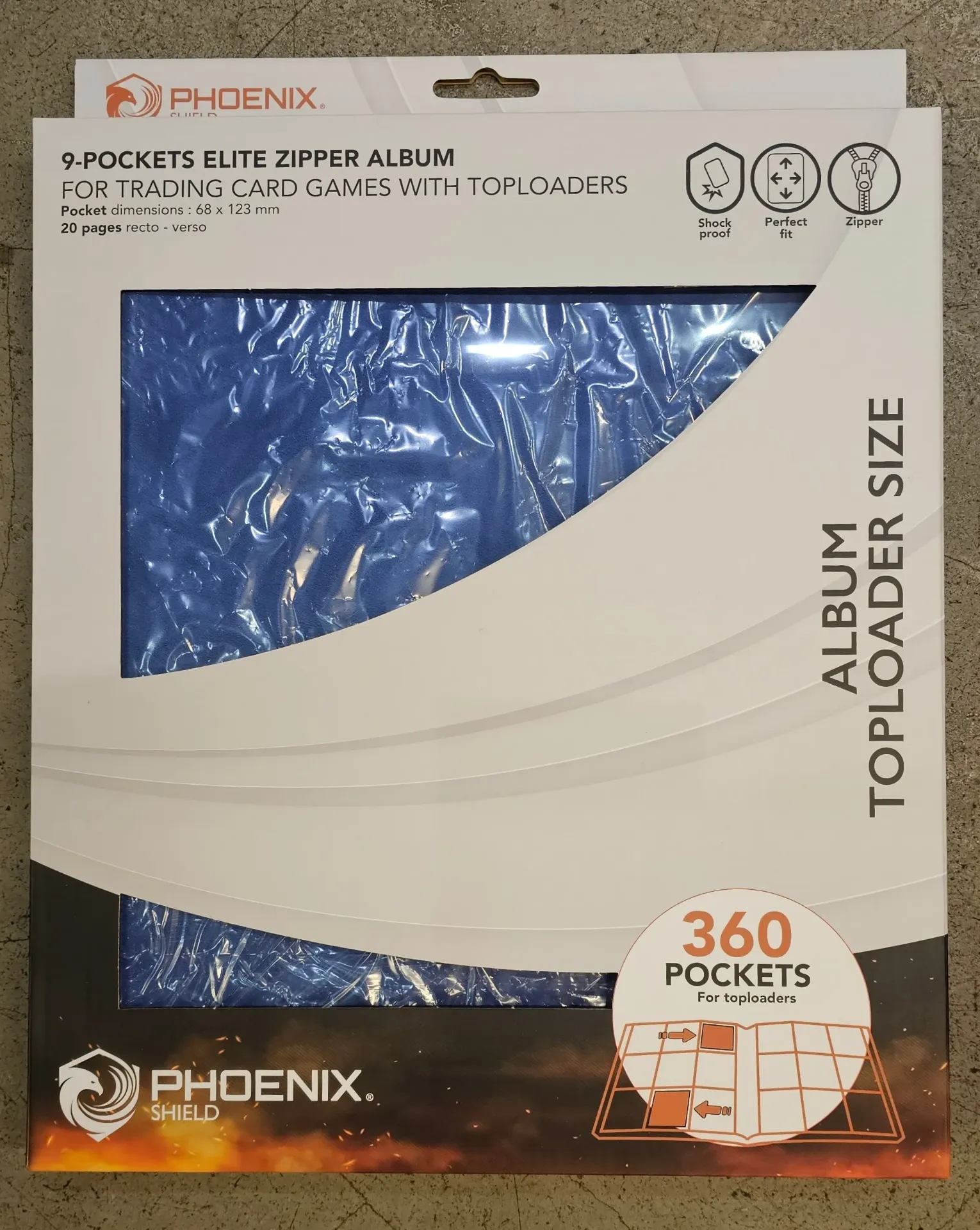 Phoenix Shield - 9 Pockets Elite Zipper Album - 360 pockets for toploaders - Bleu