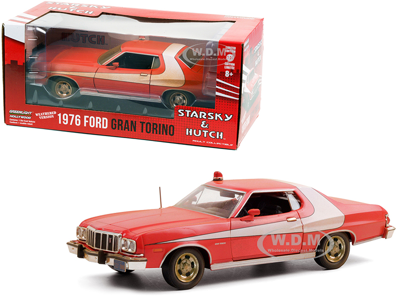 1976 Ford Gran Torino Red with White Stripe (Weathered Version) Starsky and Hutch (1975-1979) TV Series 1/24 Diecast Model Car by Greenlight